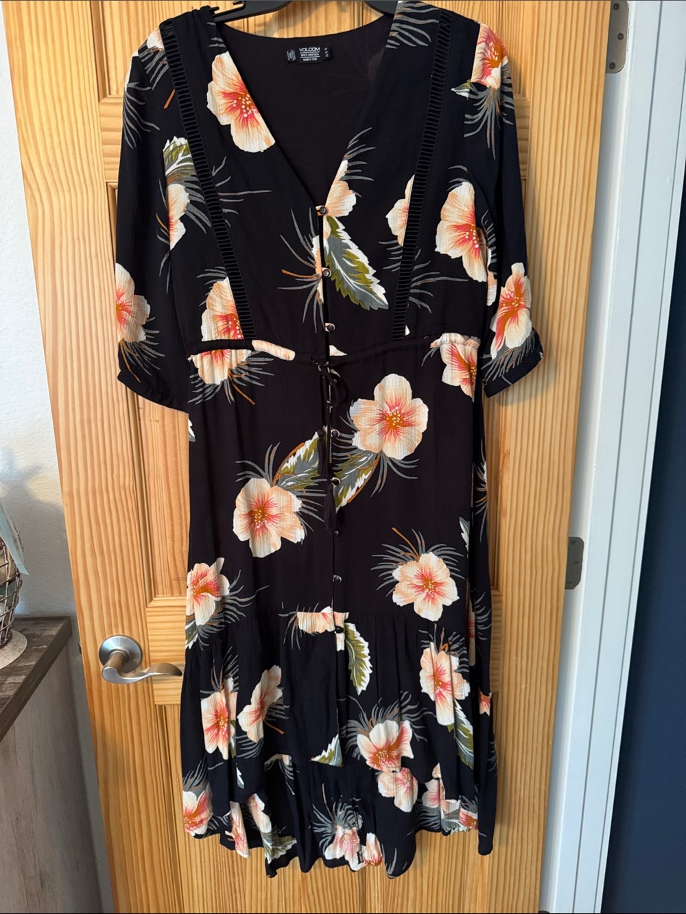 Volcom Black Midi Dress with Peach Floral Print